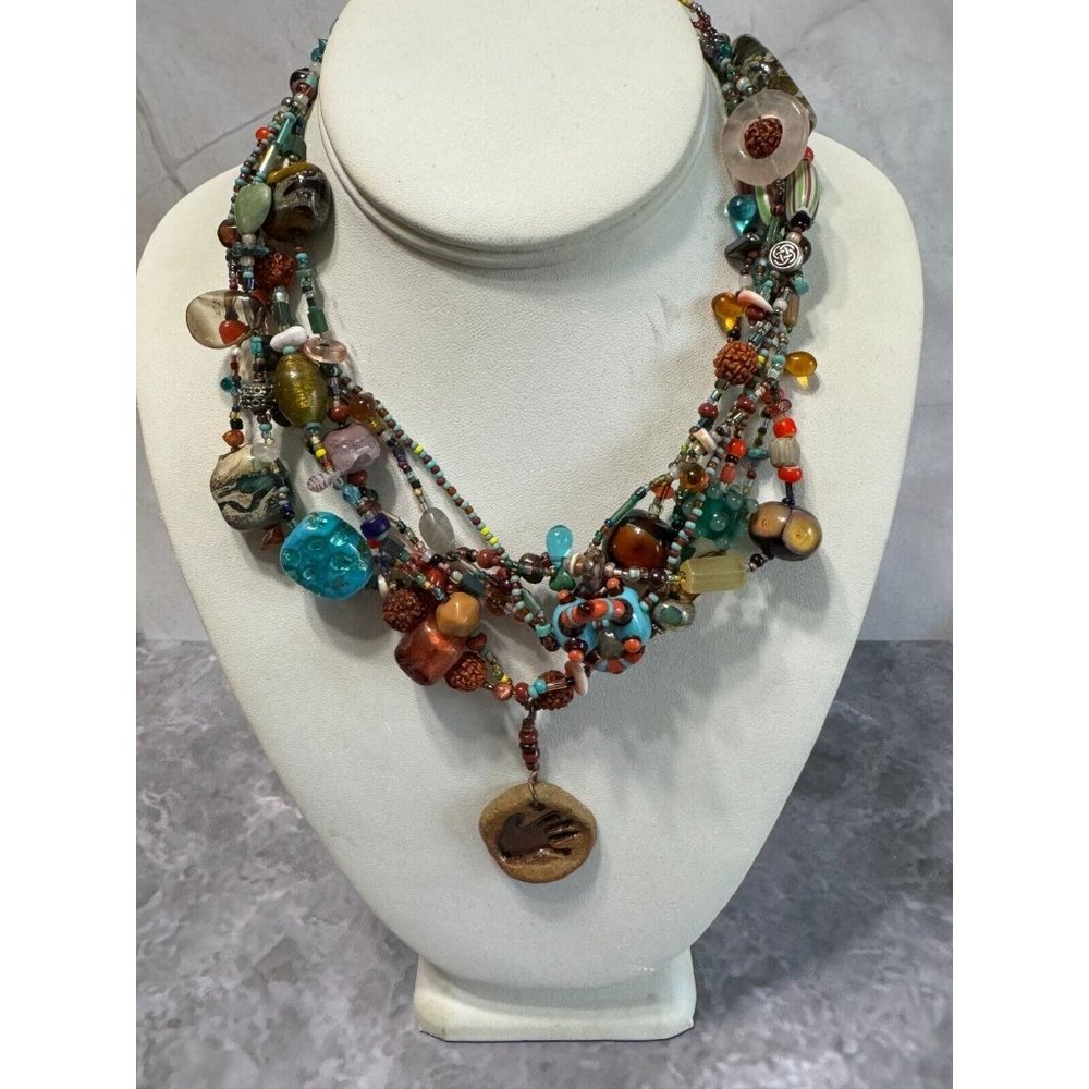 Vintage Multistrand Lampwork Veneitan Murano Beaded Necklace w/Hamsa Talisman - Picture 3 of 11